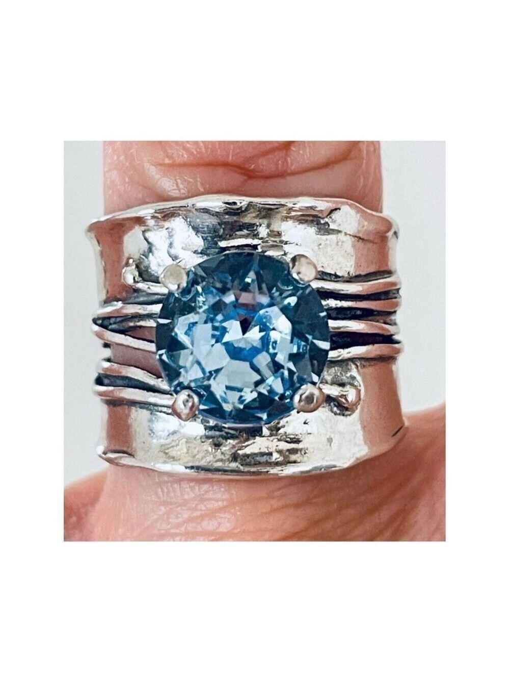 NWT Stunning Sz. 9 Made in Israel .925 Sterling Silver Thick Blue Big Topaz Ring